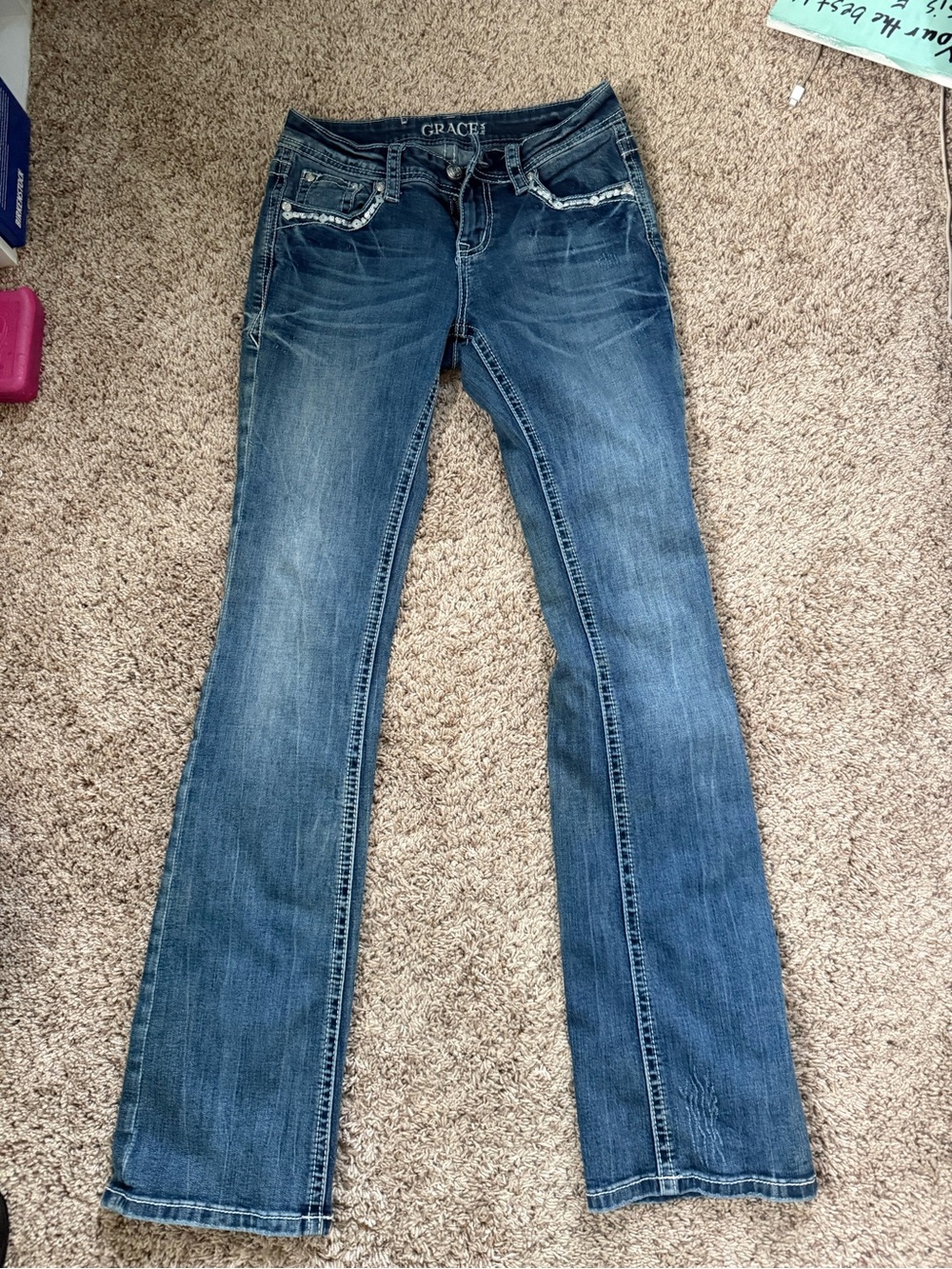 Grace in LA Dark Blue Women's Bootcut Jeans with Embellished Pockets